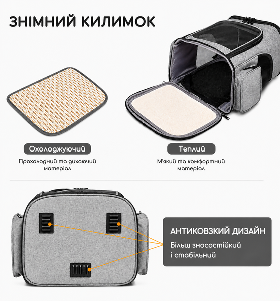 Рюкзак-переноска для кошек и маленьких собак до 7 кг с расширением и сеткой &mdash; серый TST-CD01 фото